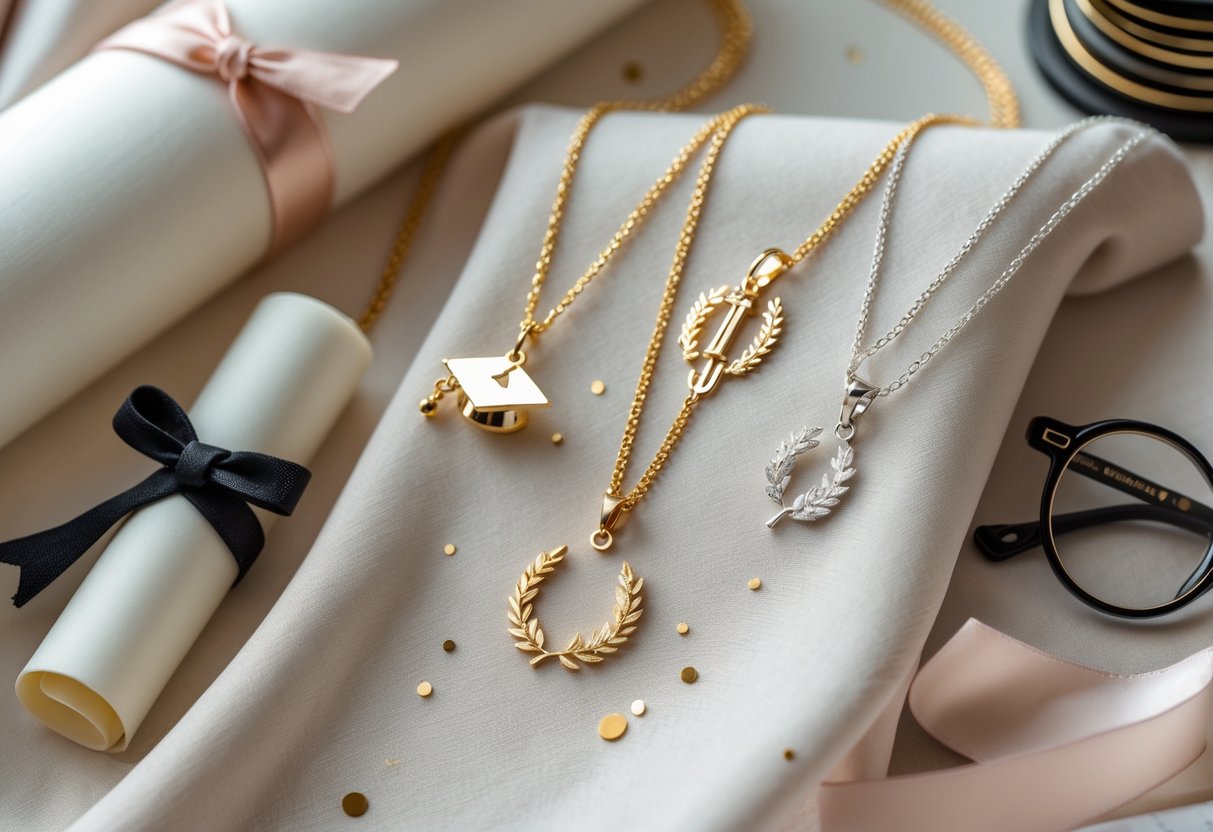 Close-up of elegant necklaces with graduation-themed pendants displayed on fabric, accompanied by a rolled diploma and eyeglasses.