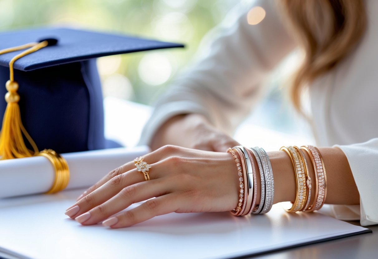 Close-up of a woman's wrist wearing elegant bracelets and bangles with graduation items blurred in the background.