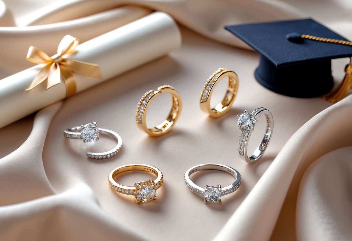 Close-up of elegant rings and earrings displayed with a diploma and graduation cap on a soft fabric background.
