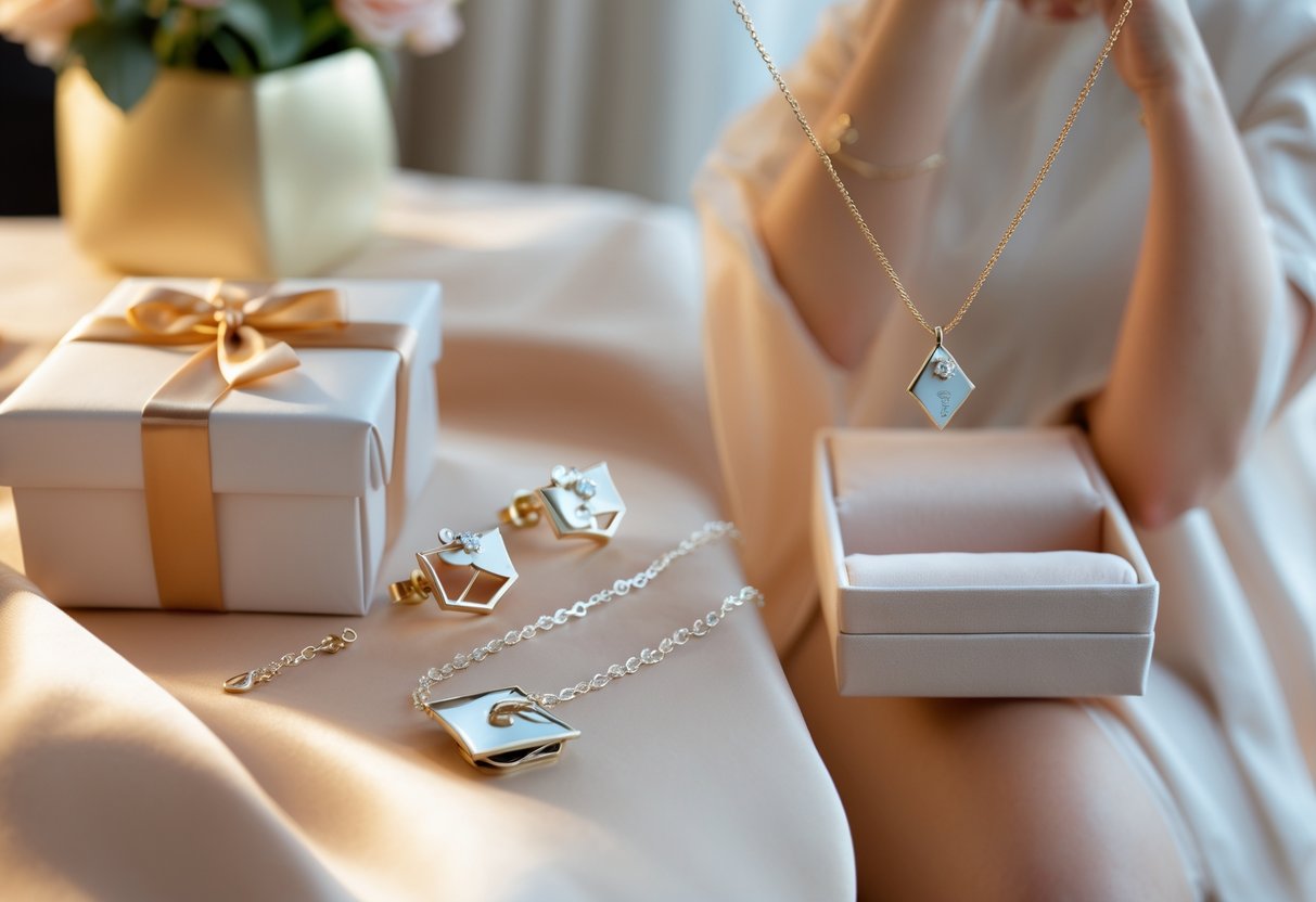 A woman wearing elegant graduation-themed jewelry including a necklace, bracelet, and earrings, with a gift box and flowers nearby.