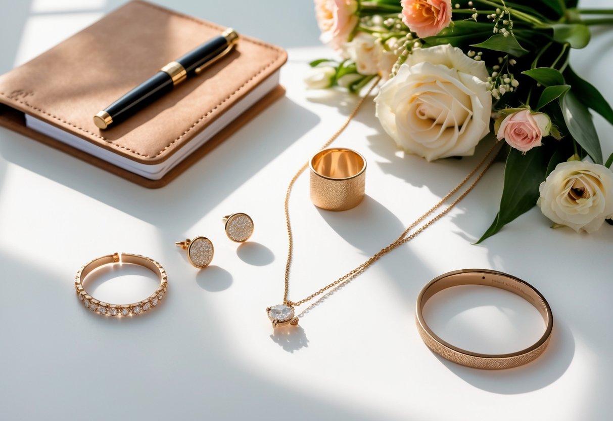 A display of elegant jewelry and thoughtful gifts including a notebook, pen, and flowers arranged together on a clean surface.