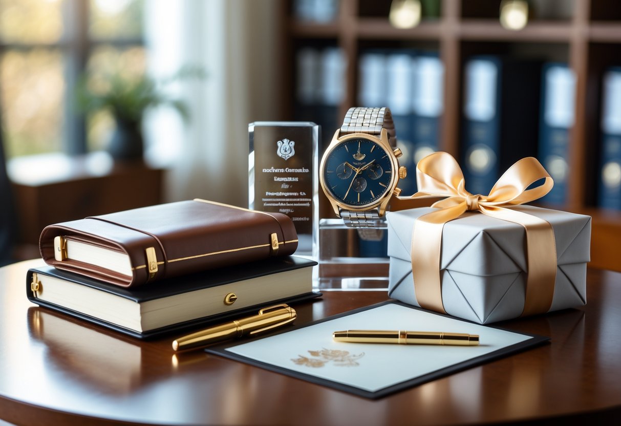 A neatly arranged selection of elegant PhD graduation gifts on a wooden table, including a leather journal, fountain pen, crystal paperweight, wristwatch, and a wrapped gift box.