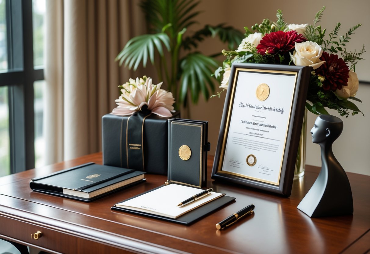 A desk displaying elegant gifts for a PhD graduate, including a leather notebook, fountain pen, framed diploma, flowers, and a sculpture.