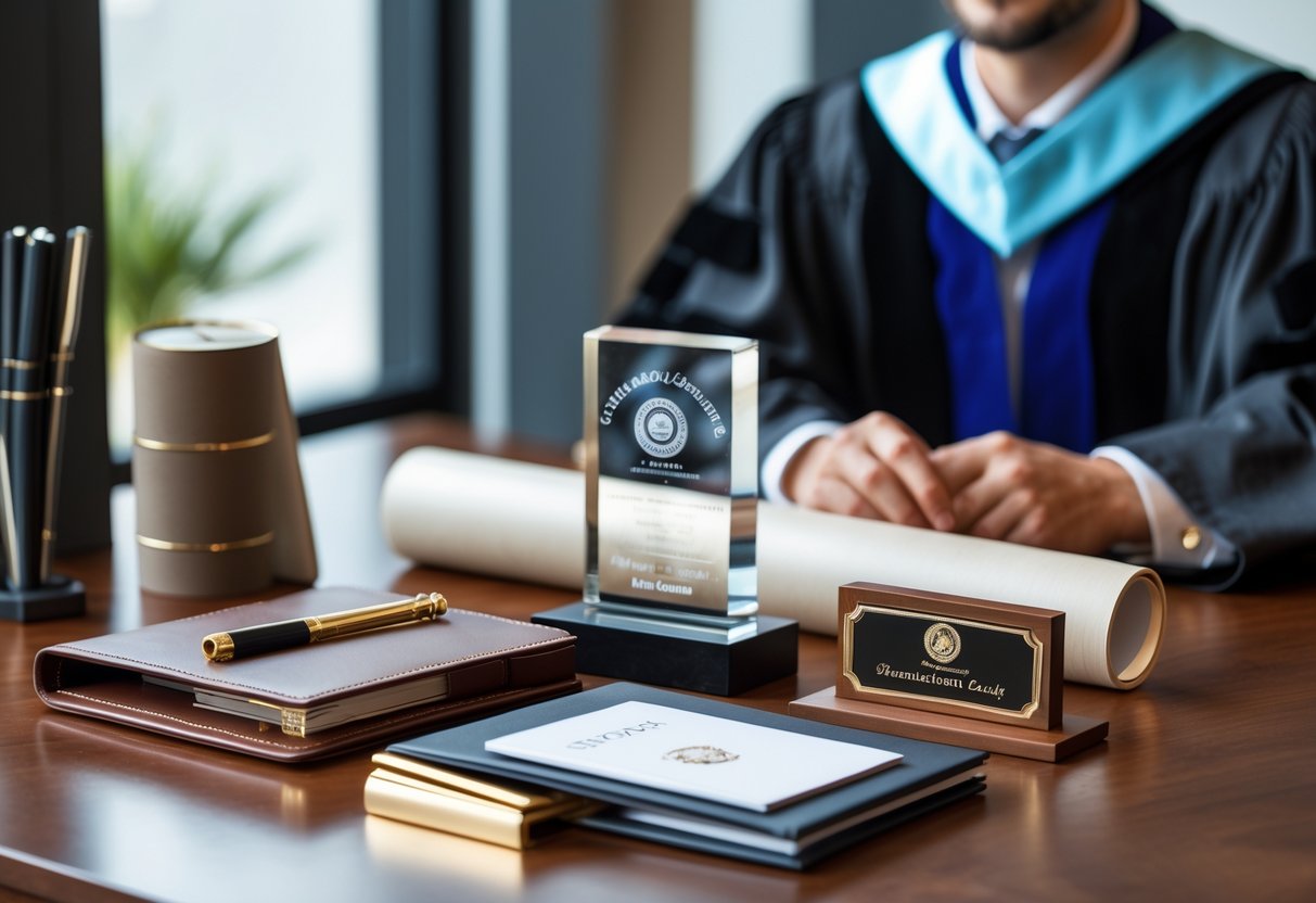 A collection of elegant personalized PhD graduation gifts displayed on a table with a smiling graduate in academic robes holding a diploma in the background.