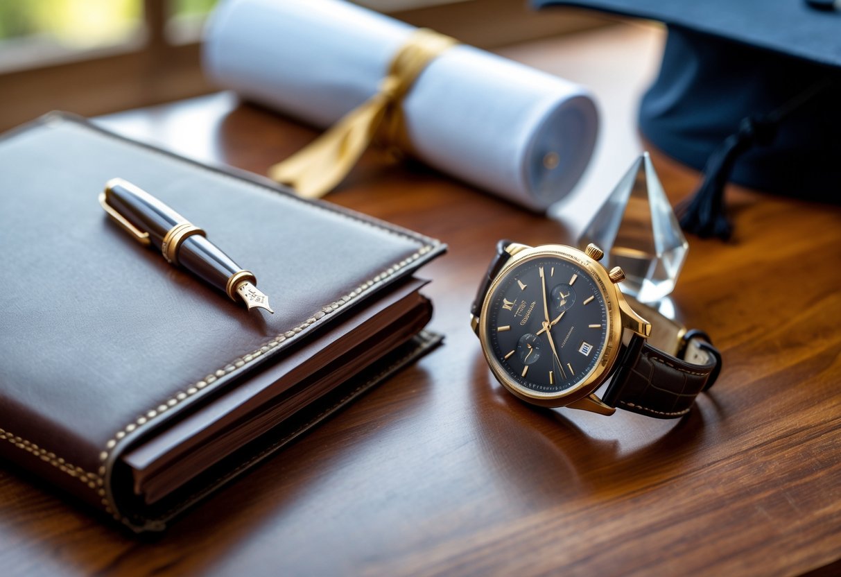 A collection of elegant PhD graduation gifts including a leather journal, fountain pen, crystal paperweight, and wristwatch on a wooden table with a blurred graduation cap and diploma in the background.
