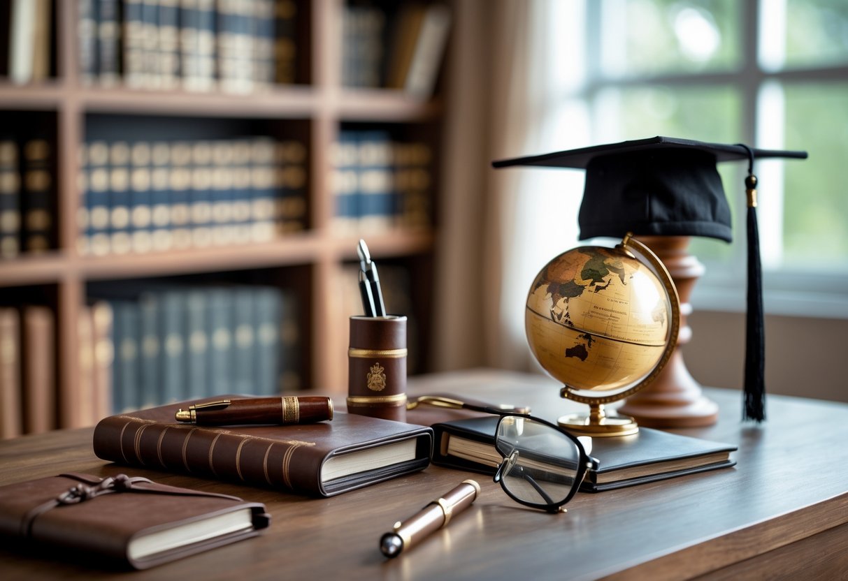A desk with elegant academic-themed gifts including a leather journal, fountain pen, diploma holder, reading glasses, and a small globe, with a blurred bookshelf and mortarboard cap in the background.