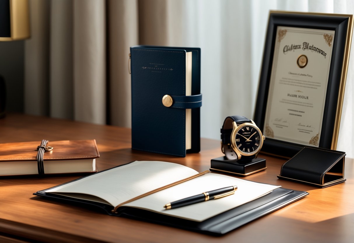 A neatly arranged set of elegant gifts on a wooden desk including a leather journal, fountain pen, wristwatch, business card holder, and a framed diploma in the background.