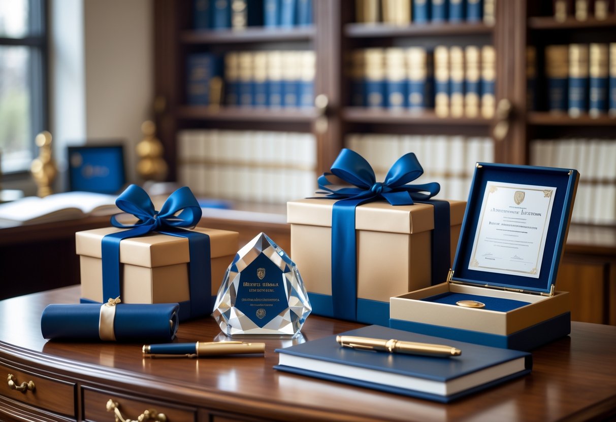 An elegant arrangement of sophisticated PhD graduation gifts on a wooden desk, including wrapped boxes, a leather notebook, a fountain pen, and a crystal paperweight, set in an academic office.