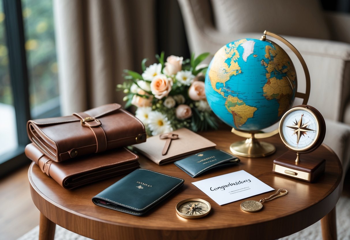 A table displaying elegant travel-themed gifts including a leather journal, globe, luggage tags, passport holder, and compass, with flowers and a card in a cozy room.