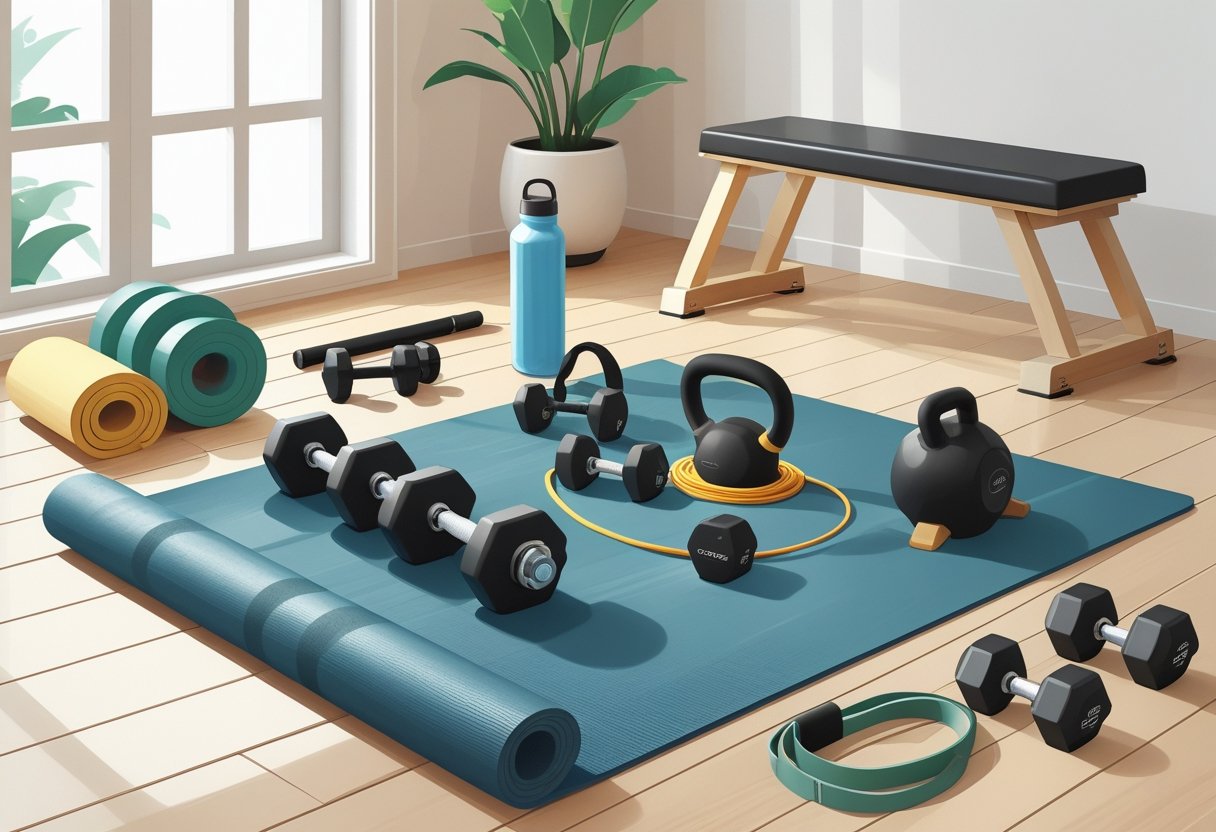 A home workout space with essential fitness equipment including a yoga mat, dumbbells, kettlebell, resistance band, jump rope, foam roller, water bottle, ankle weights, fitness tracker, and exercise bench arranged neatly.