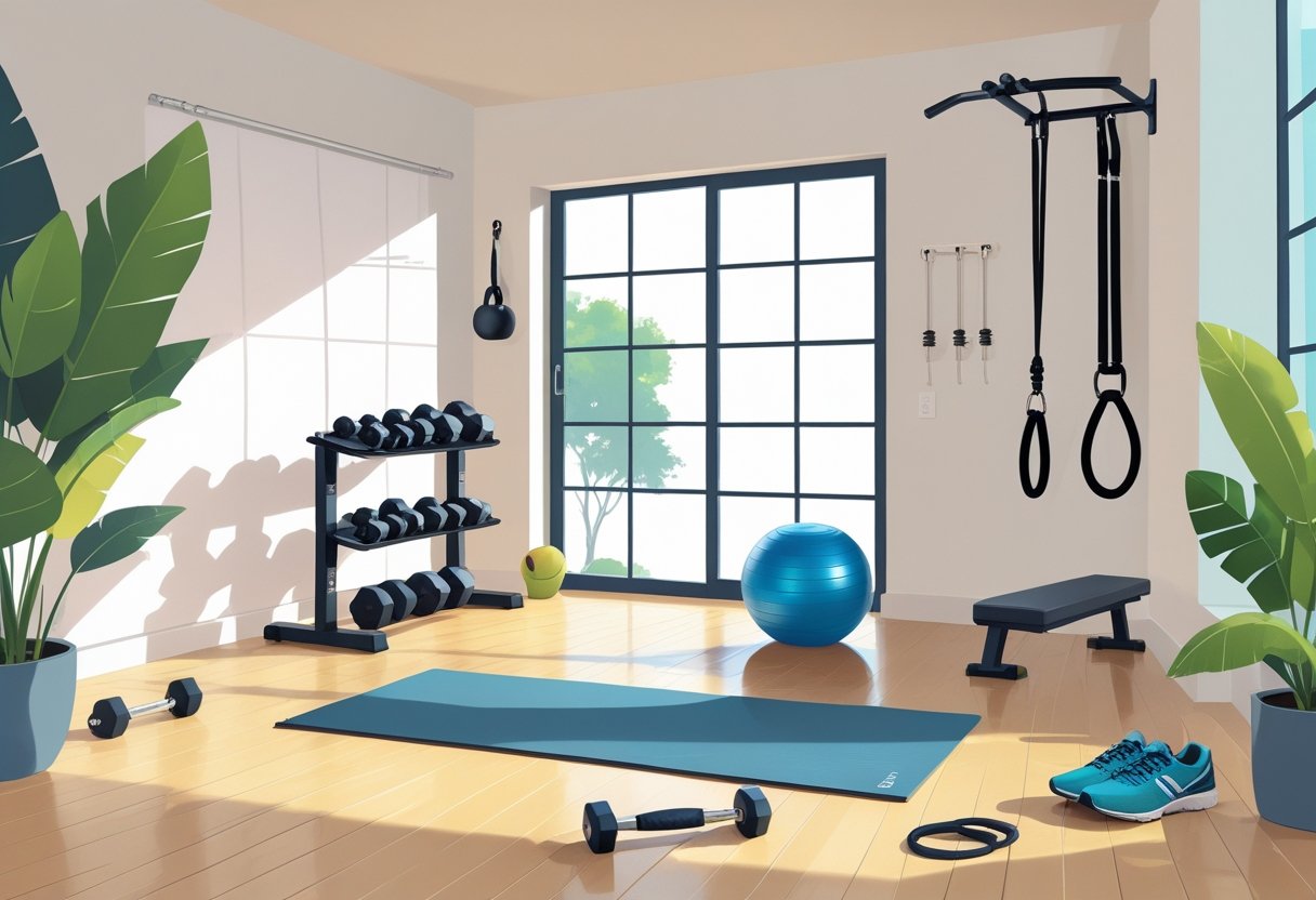 A home workout space displaying ten essential fitness items including a yoga mat, dumbbells, kettlebell, resistance band, stability ball, jump rope, foam roller, pull-up bar, athletic shoes, and a water bottle.