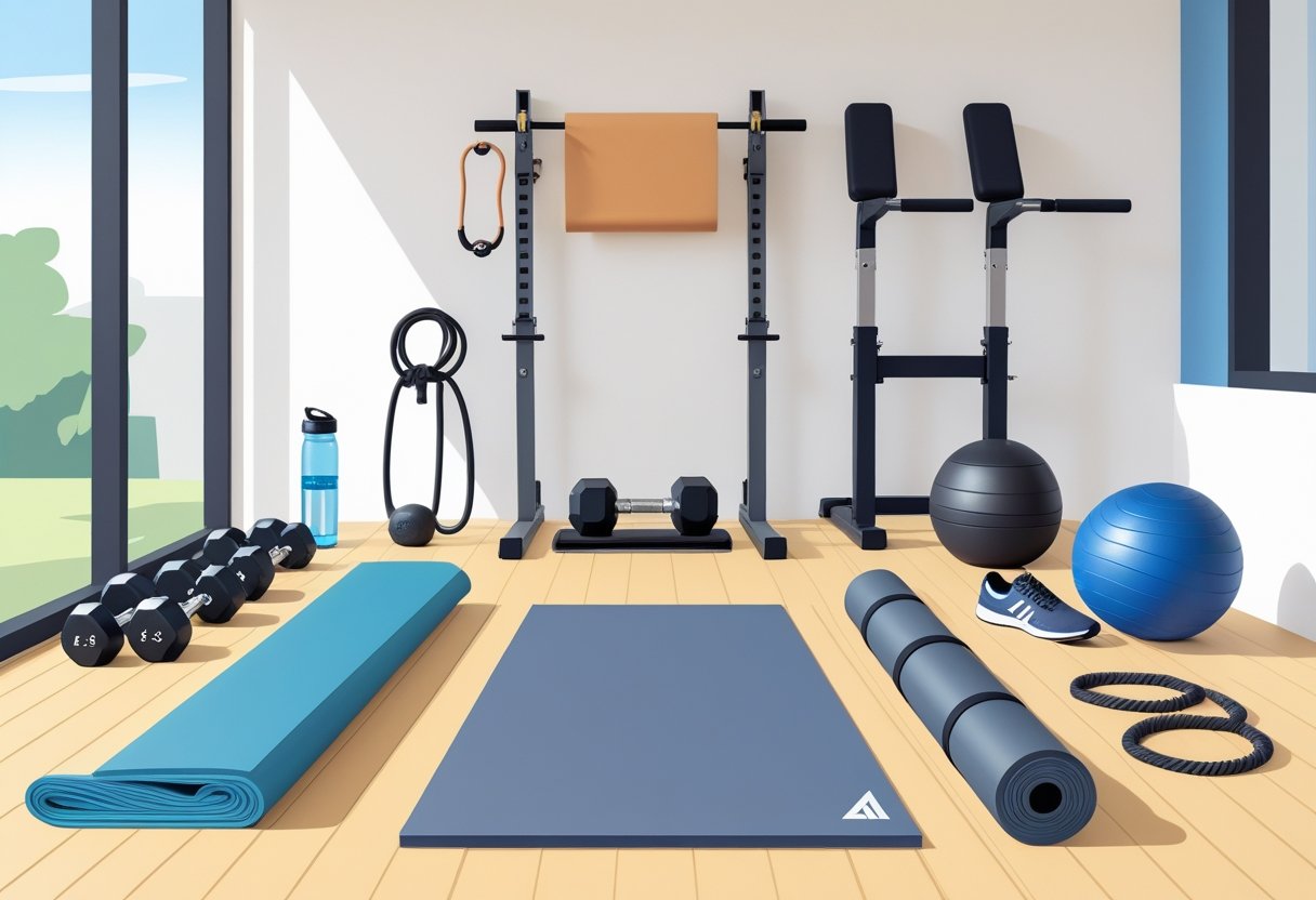 A home workout space with ten essential fitness accessories neatly arranged, including dumbbells, yoga mat, resistance band, kettlebell, jump rope, foam roller, fitness tracker, medicine ball, adjustable bench, and pull-up bar.