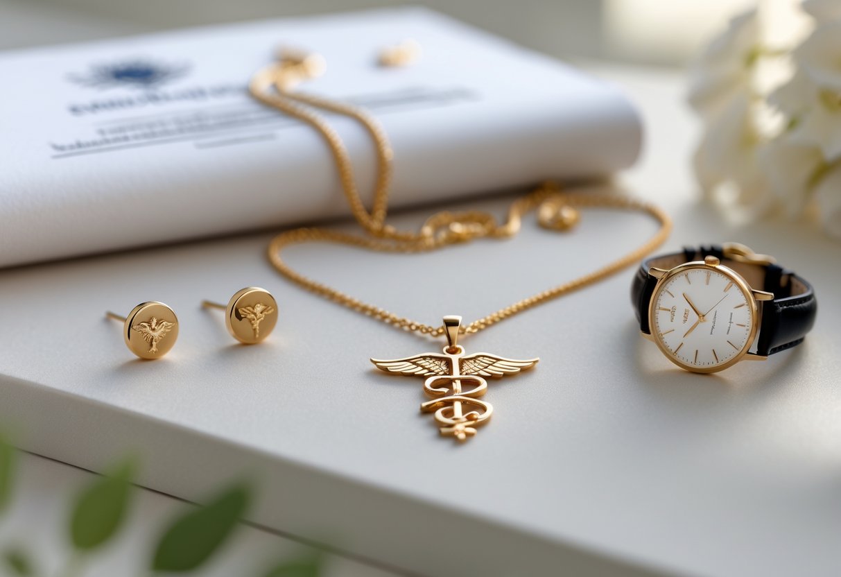 A set of elegant jewelry including a gold necklace with a medical symbol pendant, matching earrings, and a watch displayed on a neutral surface with a blurred diploma in the background.