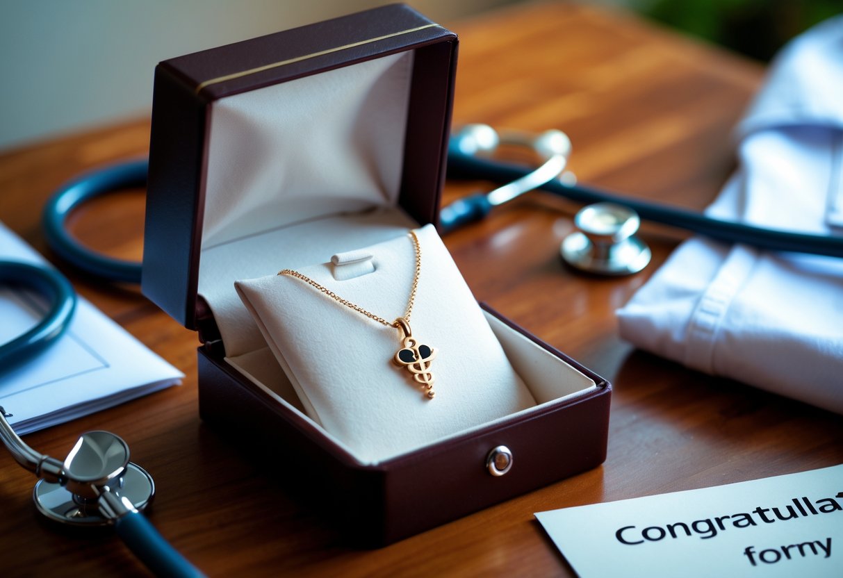 An open jewelry box with a necklace featuring a medical symbol pendant on a desk beside a stethoscope and a folded white doctor's coat.