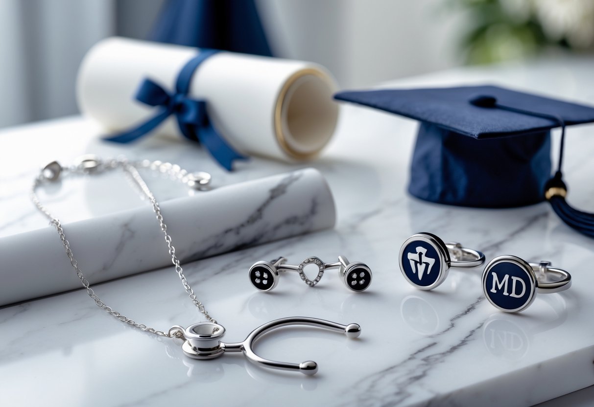 An arrangement of elegant jewelry pieces including a necklace, cufflinks, and a bracelet displayed on a white surface with soft lighting and a blurred background suggesting a celebration.