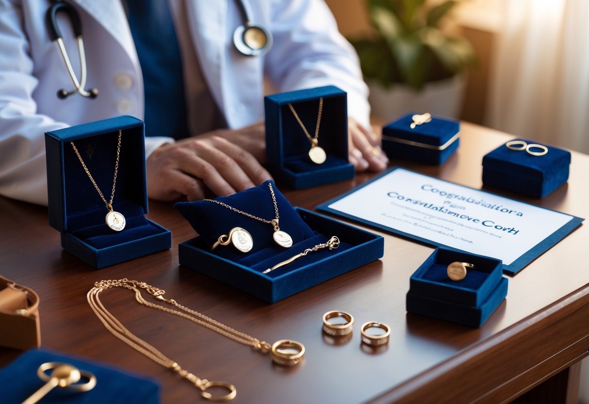 An elegant display of customized jewelry gifts for doctors on a wooden surface with medical items blurred in the background.