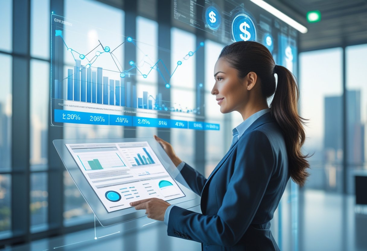 A businesswoman reviewing financial charts on a transparent screen in a modern office with city views.