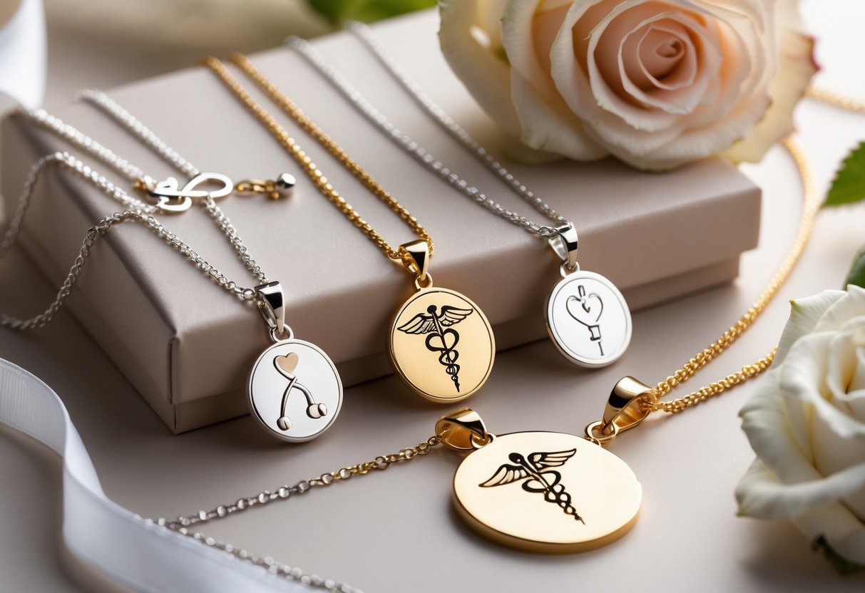 Close-up of elegant necklaces and pendants with medical-themed designs arranged on a neutral surface with a small gift box and a white rose.