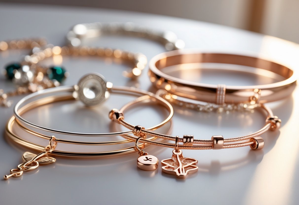 Close-up of elegant bracelets and bangles with medical-themed charms arranged on a softly lit surface.