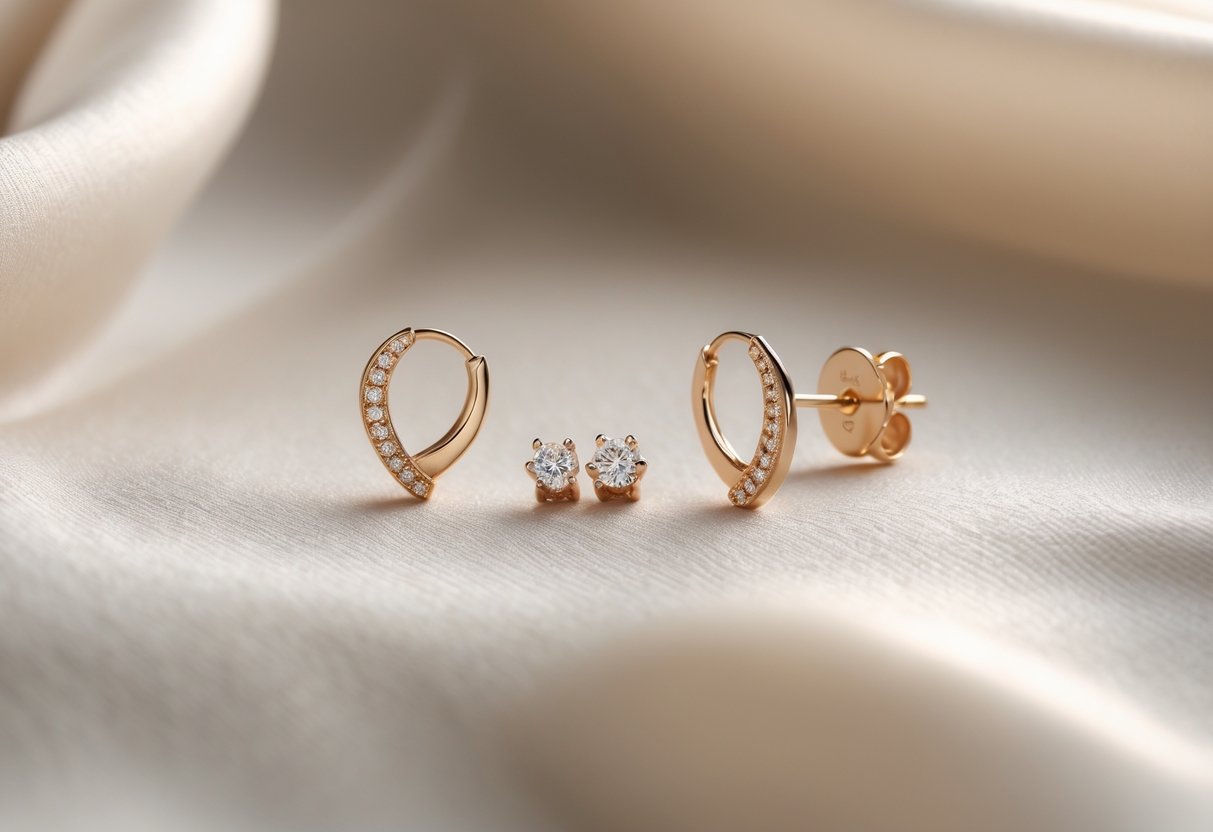 Close-up of elegant earrings and matching studs displayed on soft fabric, highlighting their delicate design and sparkle.