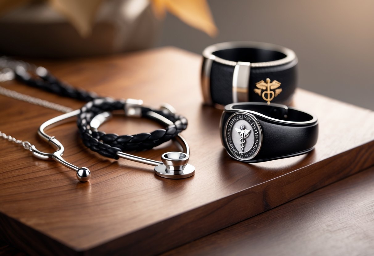 A collection of men's jewelry including a silver pendant necklace, black leather bracelet, and silver ring displayed on a wooden surface.