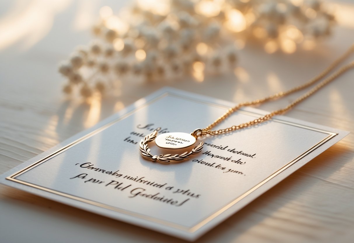 A personalized message card and delicate jewelry on a wooden surface, symbolizing a keepsake for a graduate.