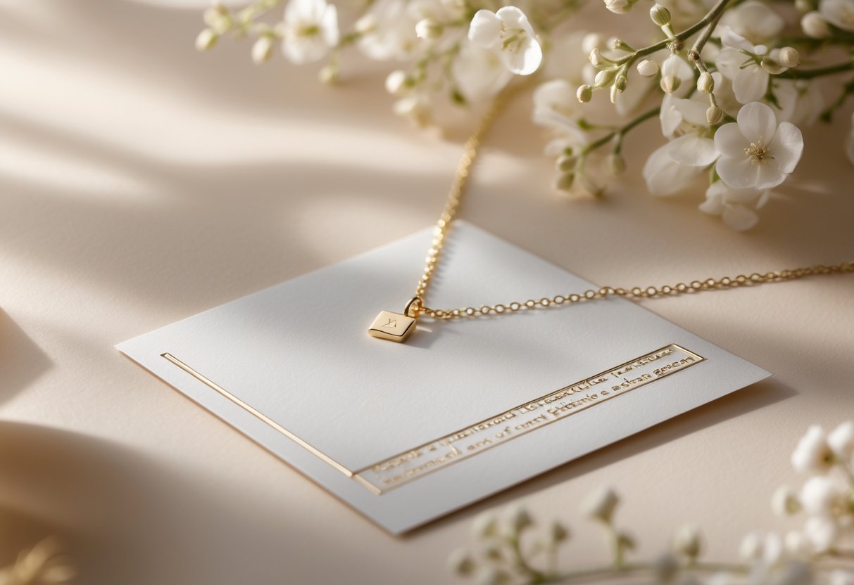 Close-up of a personalized necklace and a decorative message card on a softly lit surface.