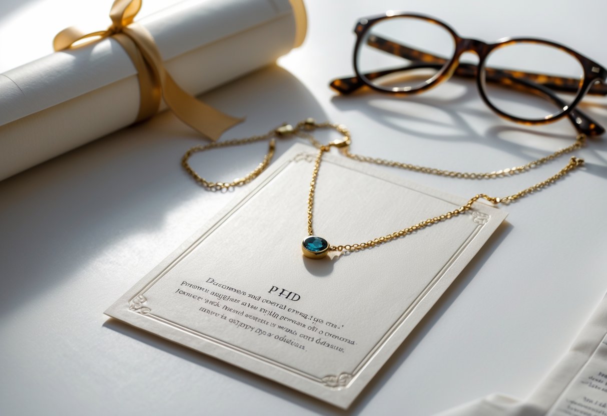 A necklace with a pendant displayed on a message card, accompanied by a rolled diploma and eyeglasses in the background.