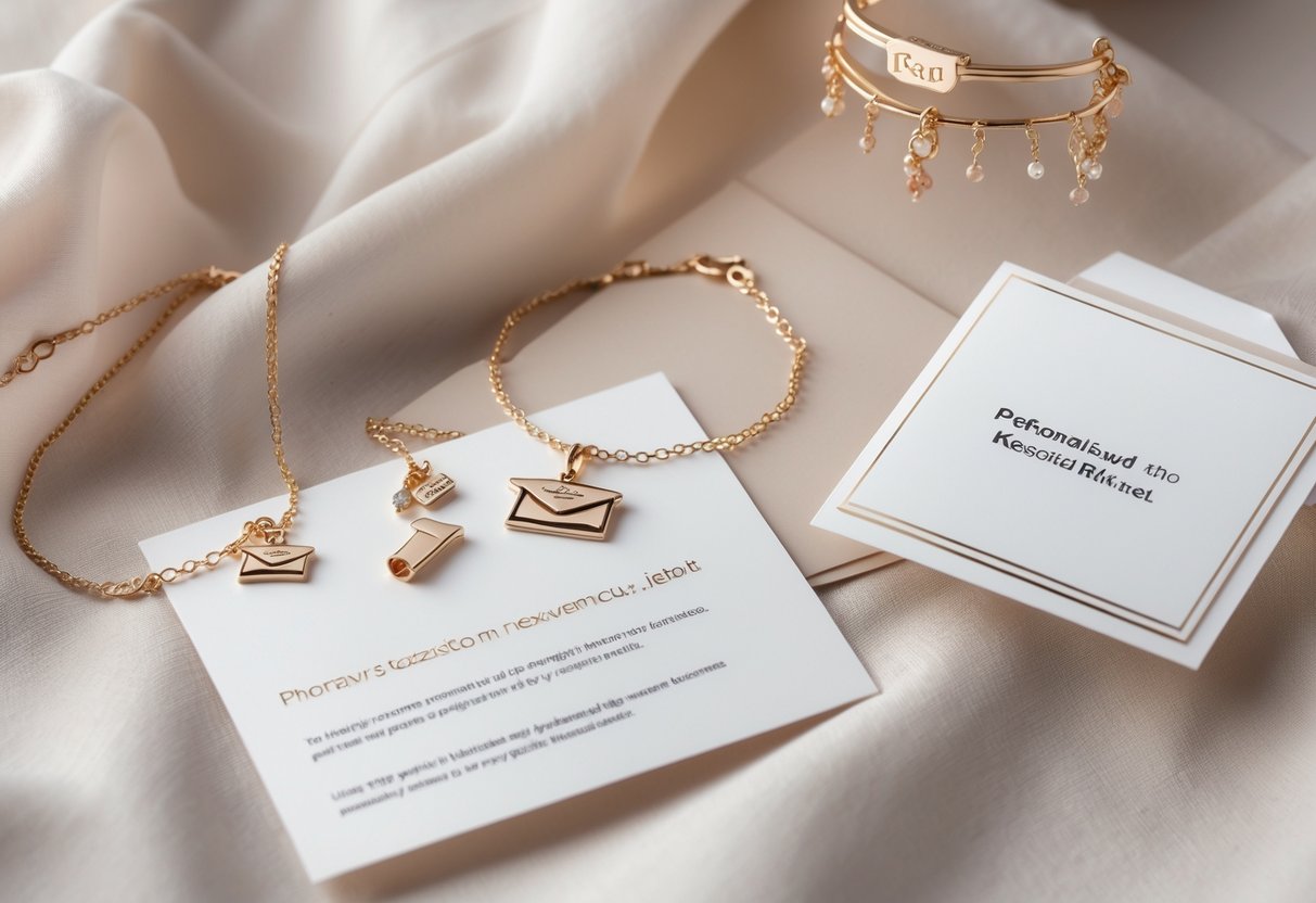 Close-up of personalized jewelry with graduation-themed charms displayed next to a blank message card and envelope on a soft fabric background.
