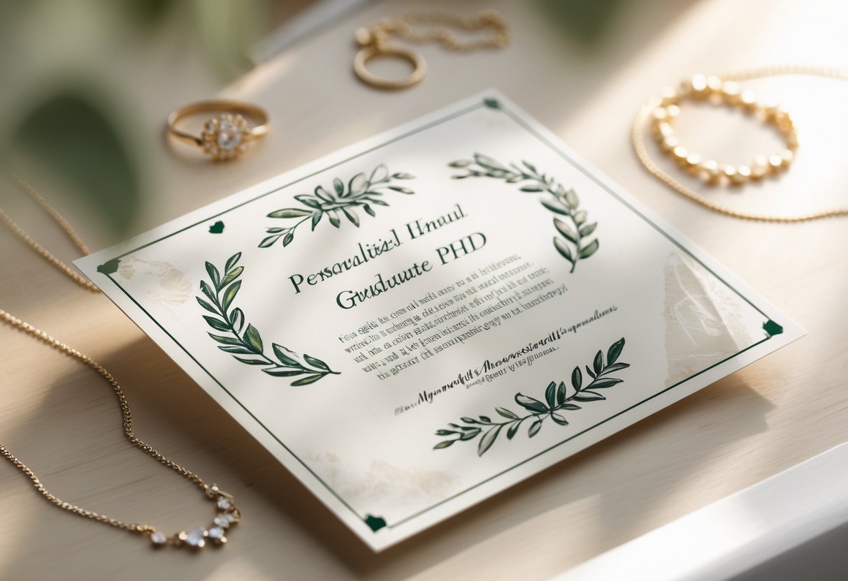 A personalized message card and elegant jewelry arranged on a wooden desk as a gift for a PhD graduate.
