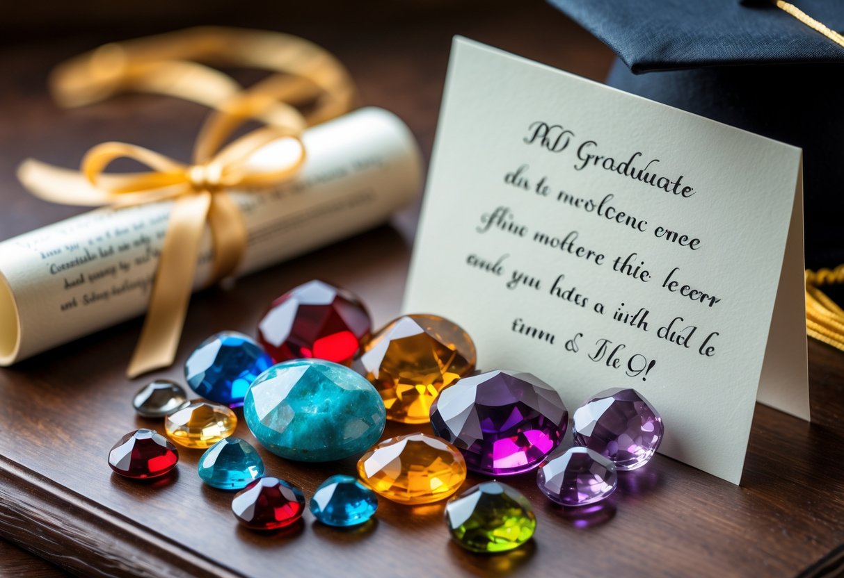 A variety of colorful gemstones and a personalized message card arranged with a graduation cap and diploma on a wooden surface.