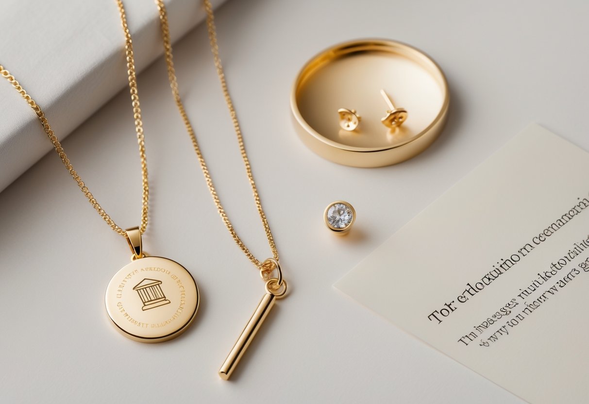 A collection of elegant jewelry pieces displayed alongside a personalized message card on a neutral background.