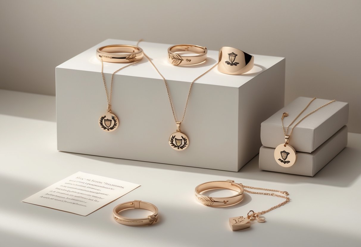 An elegant display of personalized jewelry pieces and a delicate message card celebrating academic achievement, arranged on a clean surface.