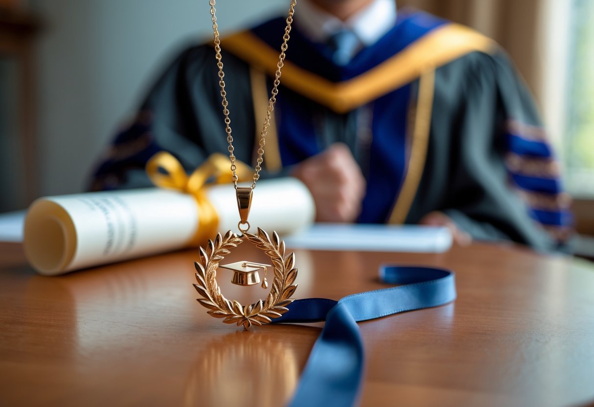 Close-up of elegant doctoral graduation jewelry and a rolled diploma on a table, with a smiling graduate in a gown and cap in the background.