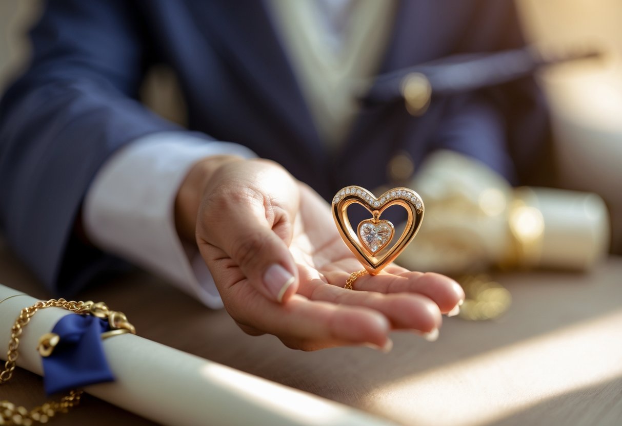 Close-up of a hand holding a gold doctoral graduation ring and a heart-shaped pendant necklace with a blurred graduation cap and diploma in the background.