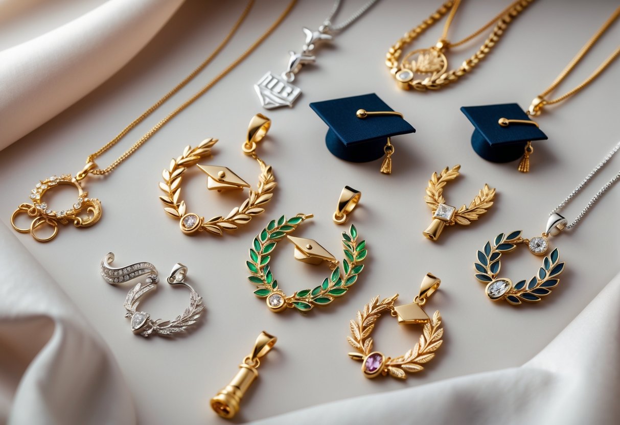 Close-up of elegant graduation jewelry pieces including pendants shaped like caps and scrolls arranged on a soft background.