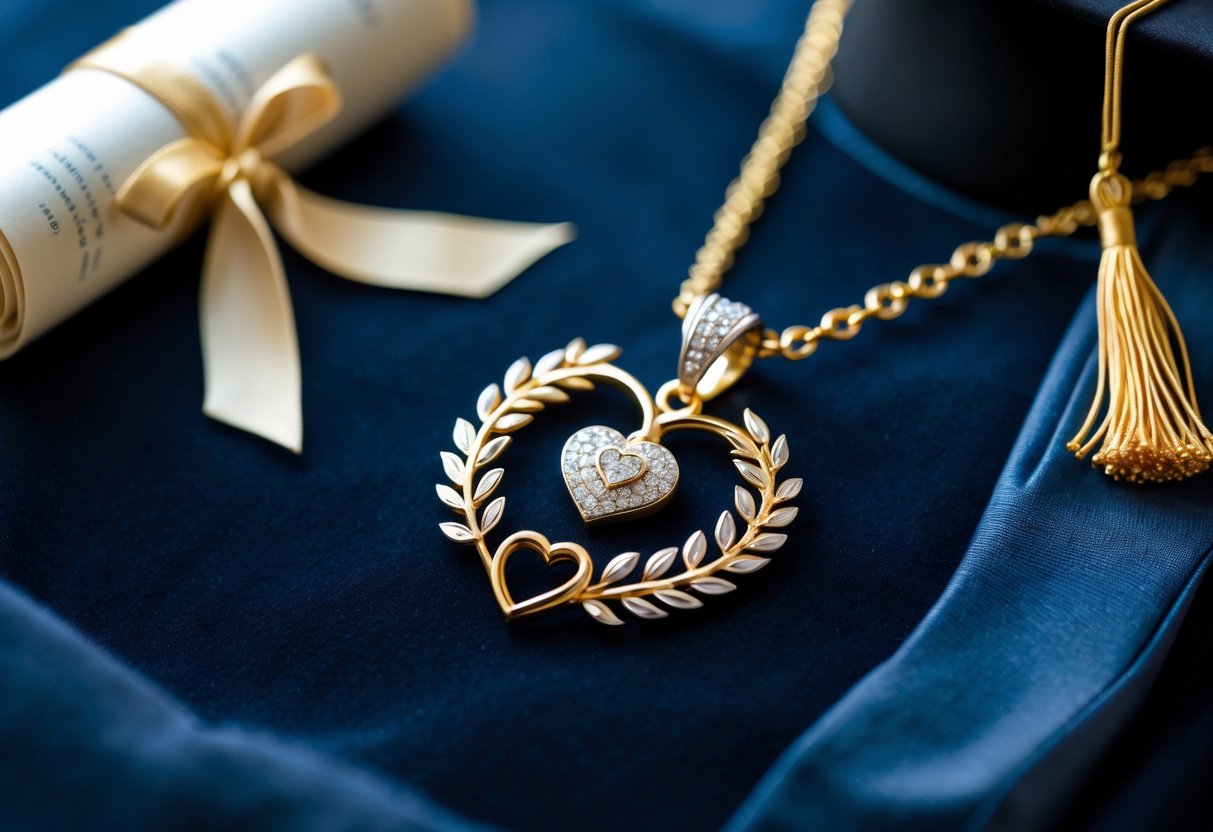 Close-up of elegant doctoral graduation jewelry with a heart and laurel design, displayed with a diploma and graduation gown in the background.