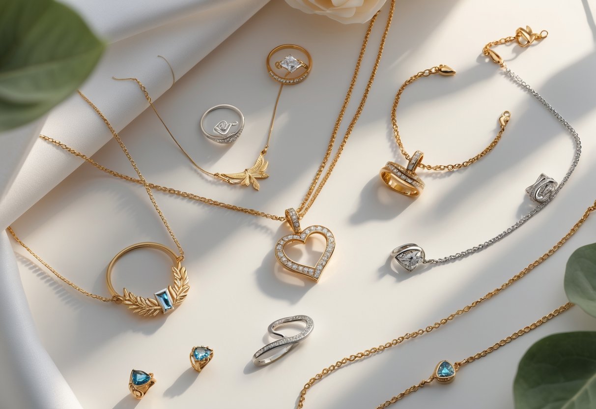 A collection of elegant jewelry pieces including necklaces, rings, and bracelets with graduation-themed designs displayed on a neutral background.