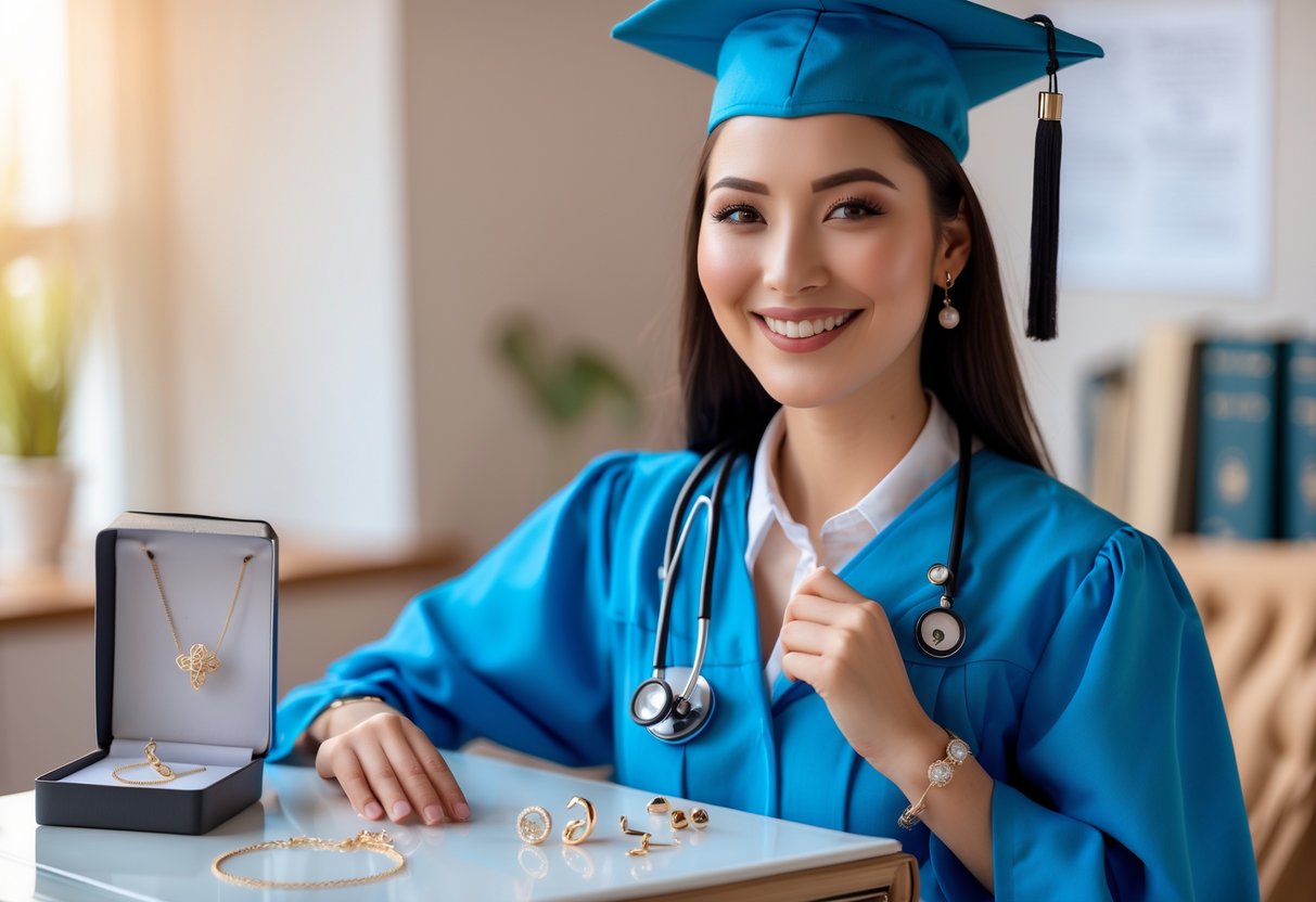 A young woman in graduation attire with a stethoscope around her neck smiles near a table displaying medical-themed jewelry.