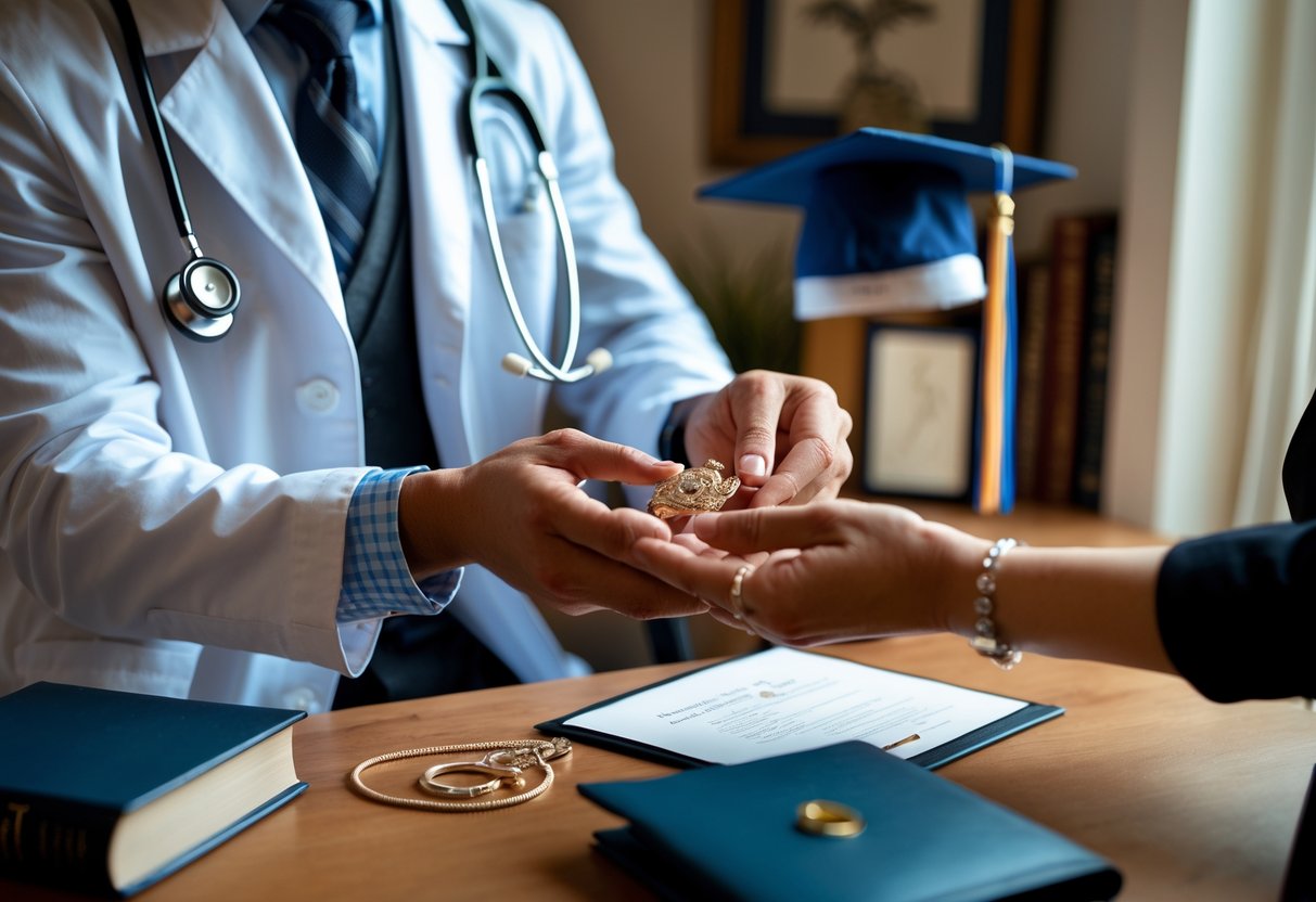 A young medical professional in a white coat receives a meaningful piece of jewelry from a loved one in a warm indoor setting with medical books and a diploma in the background.