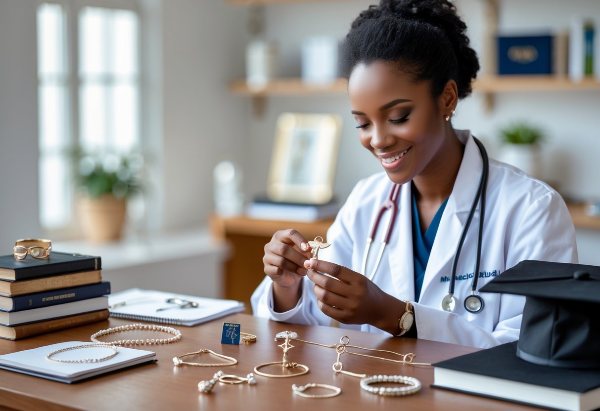 A young medical student in a white coat examining elegant medical-themed jewelry on a wooden table surrounded by textbooks and a stethoscope.
