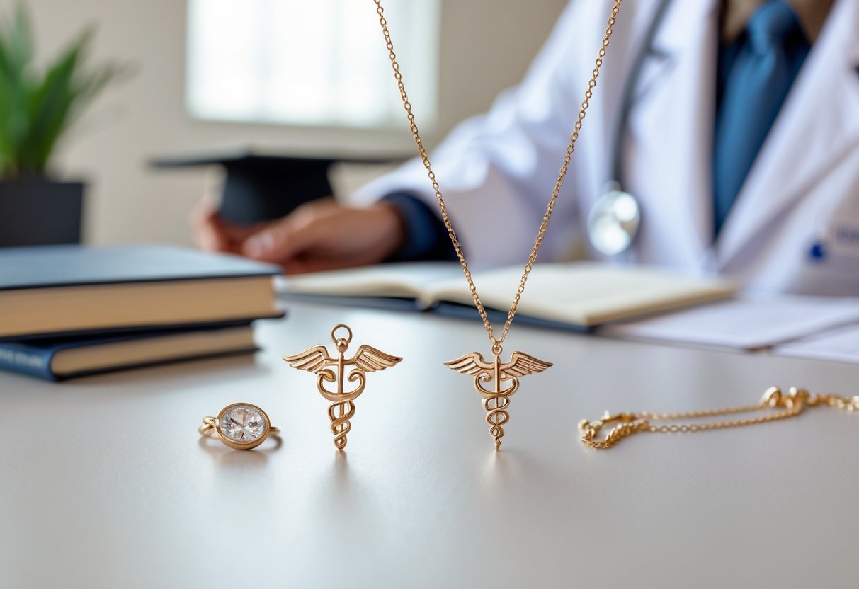 Jewelry pieces including a stethoscope pendant, graduation cap charm, and medical necklace arranged with medical books, a diploma, and a white lab coat in the background.