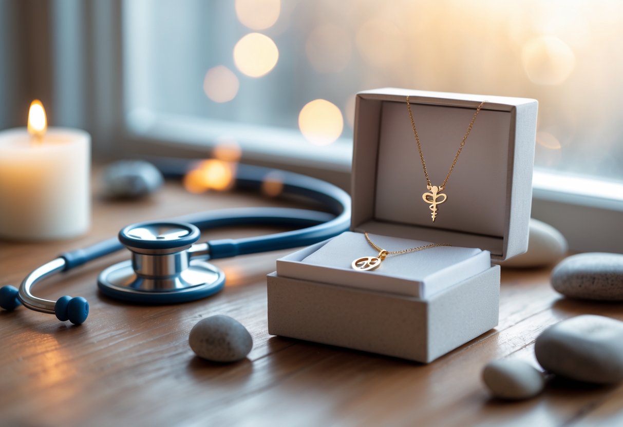 A jewelry box with a medical symbol necklace next to a stethoscope, surrounded by a lit candle, smooth stones, and a cup of tea on a wooden table.