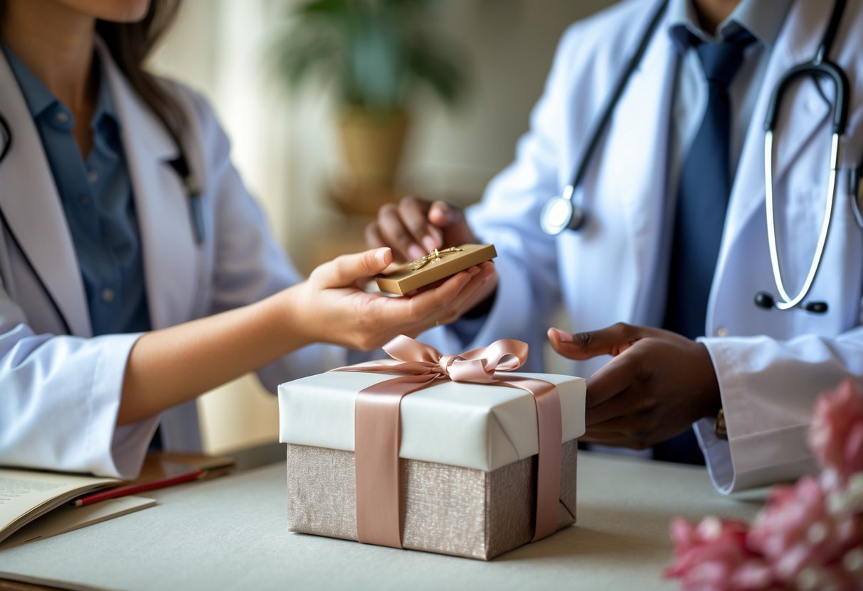 A student giving a beautifully wrapped jewelry gift to a newly graduated doctor wearing a white coat and stethoscope.