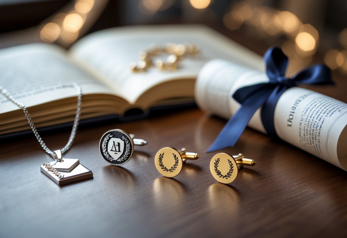 An elegant display of jewelry including a silver necklace, gold cufflinks, and a bracelet arranged on a wooden table with an open book and diploma in the background.