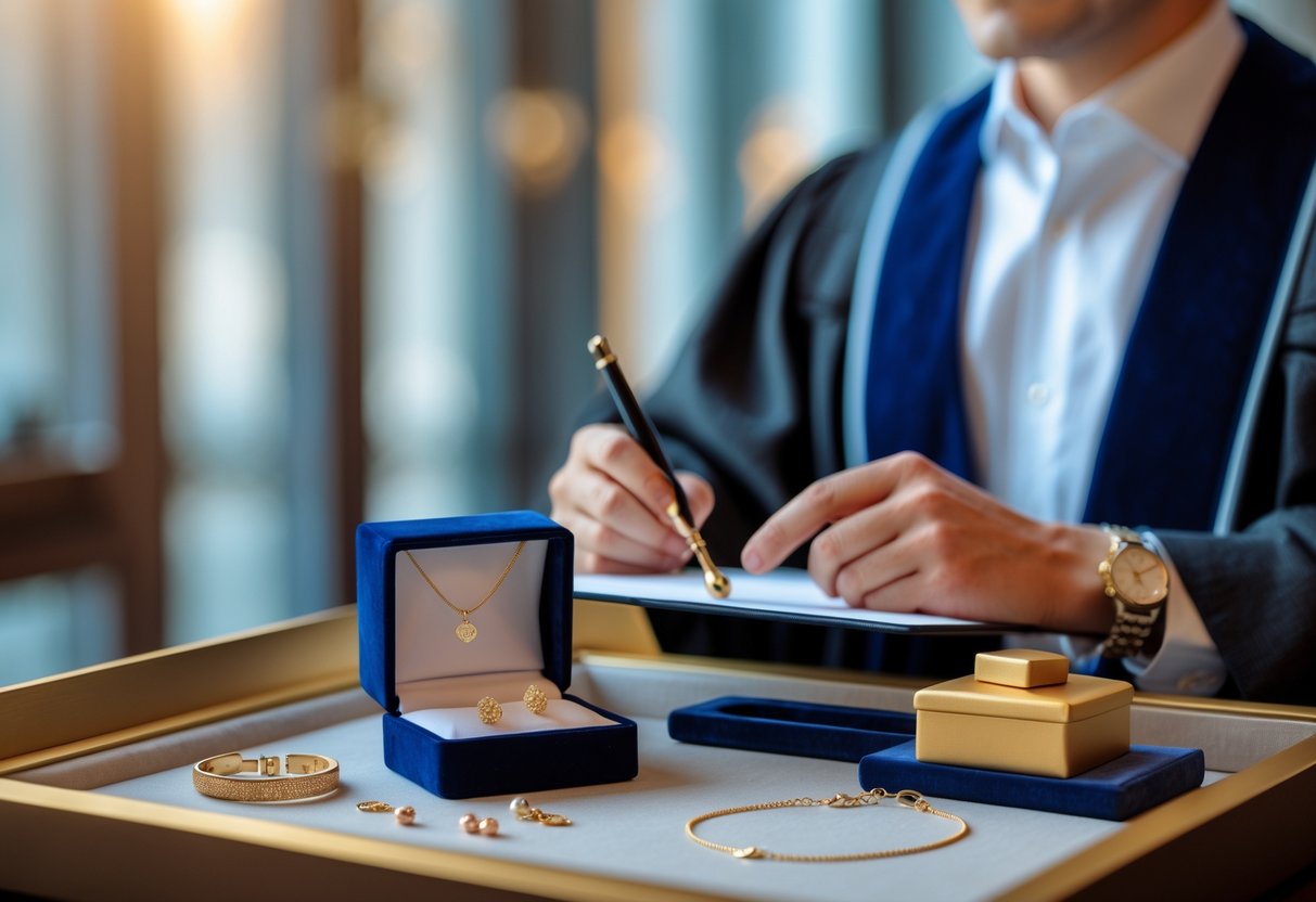 A young adult in academic gown holding a diploma, with elegant jewelry displayed on a velvet box in the foreground.