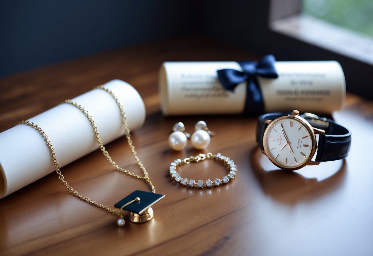 An elegant display of fine jewelry including a gold necklace with a graduation cap pendant, pearl earrings, a silver bracelet, and a watch, arranged on a wooden surface with a rolled diploma in the background.