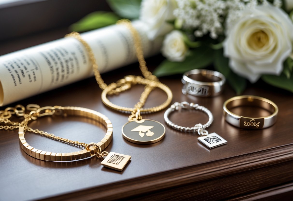 A display of elegant personalized jewelry including engraved necklaces and rings with academic-themed charms, arranged with a diploma scroll and white flowers in the background.