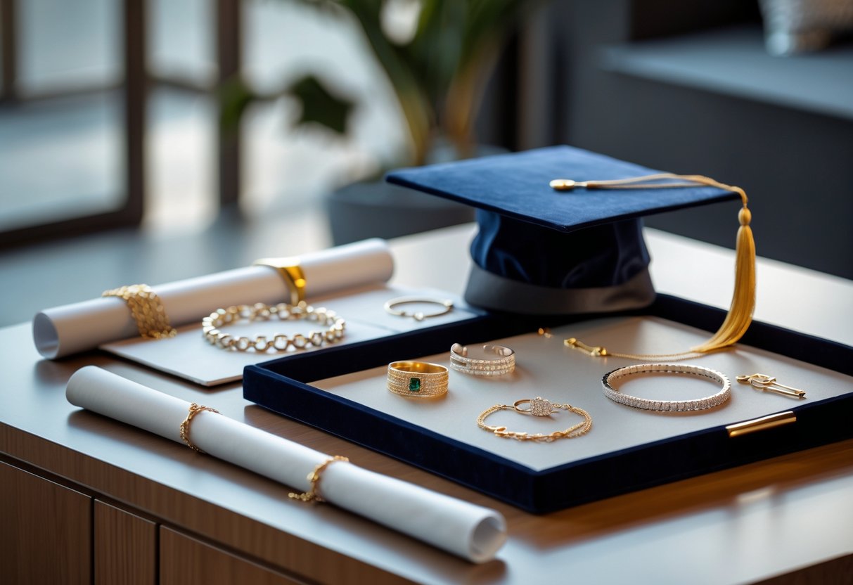 A display of elegant jewelry including necklaces, bracelets, and rings next to a graduation cap and diploma on a wooden table.