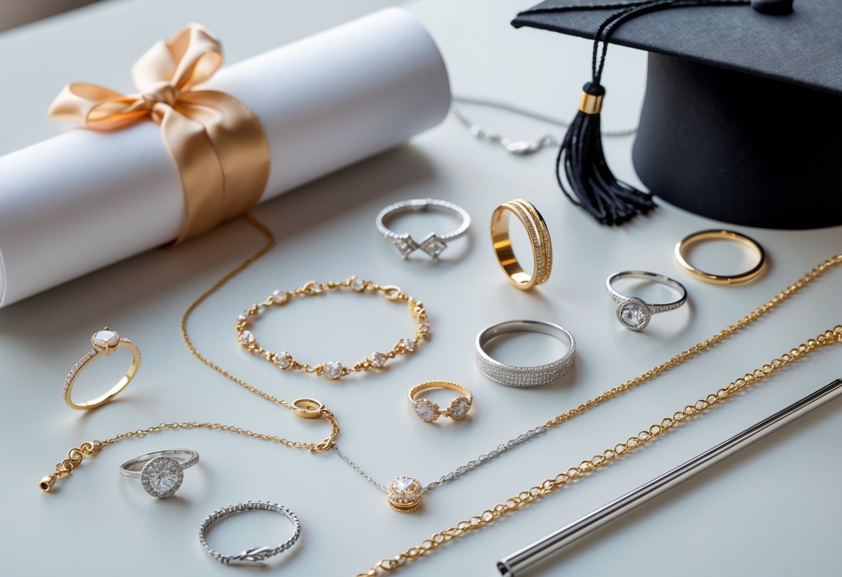 A display of elegant jewelry arranged with a graduation cap and a rolled diploma on a clean surface.